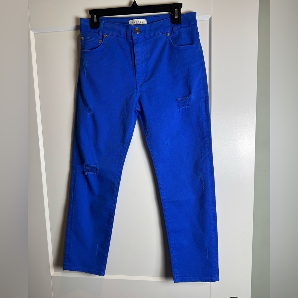 SANDRO Paris distressed Royal blue jeans straight cut high rise crop